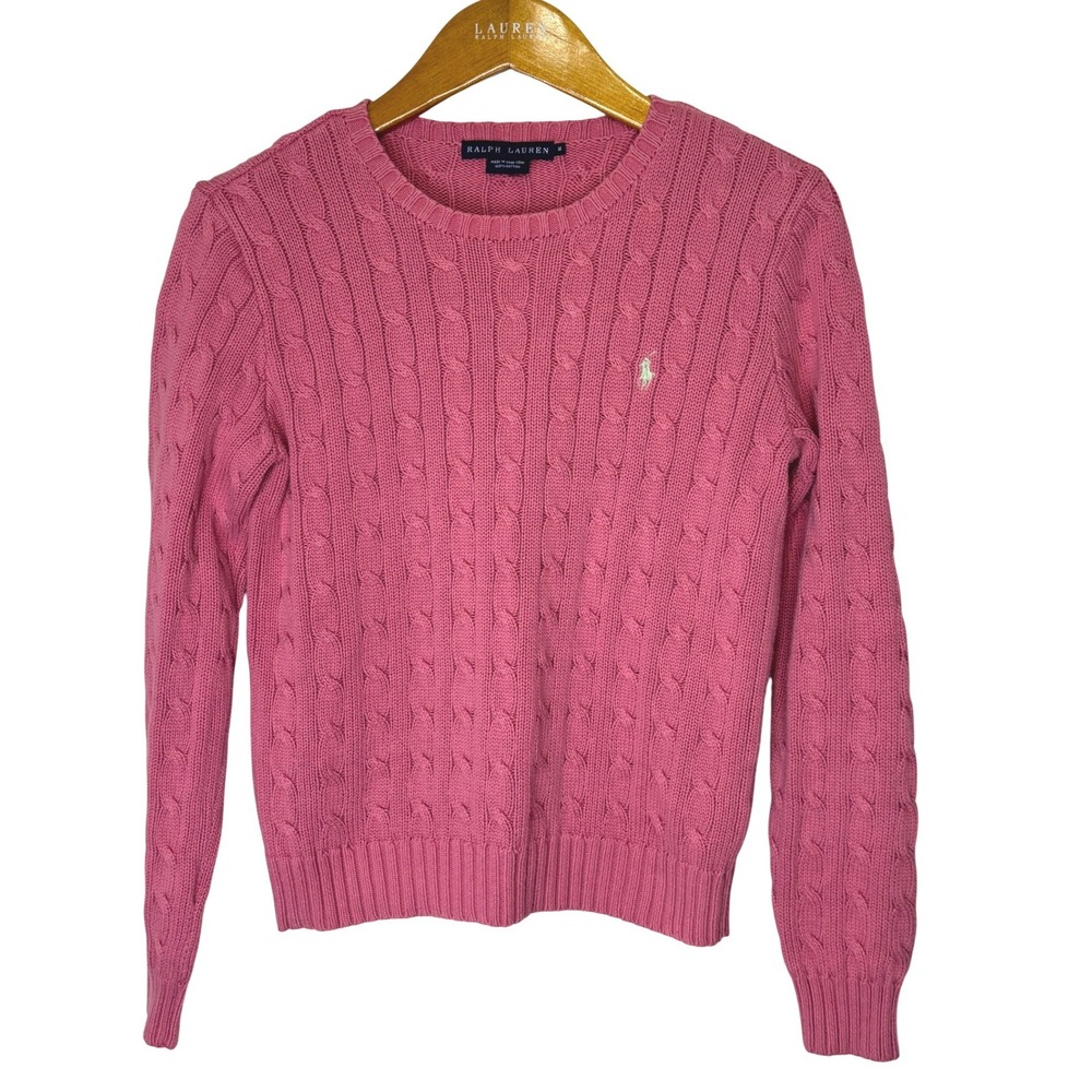 Vintage Ralph Lauren Cable Knit Cotton Sweater Womens Med Rose